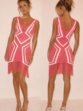 WOW couture Pink Knit Fringe Geometric Bodycon Dress